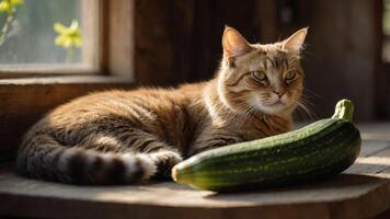 A cat lounging next to a zucchini in a sunlit, rustic setting. photo