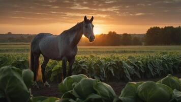 A serene horse stands in a lush field at sunset, surrounded by vibrant green plants. photo