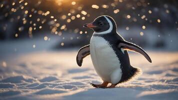 A penguin walking through snow with a blurred, sparkling background at sunset. photo