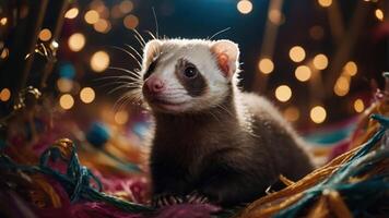 A close-up of a cute ferret surrounded by colorful decorations and soft lighting. photo