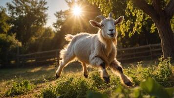 A playful goat leaps joyfully in a sunlit pasture, surrounded by greenery. photo