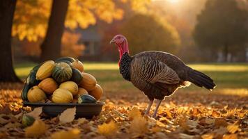 A turkey stands beside a pile of gourds in a colorful autumn setting. photo