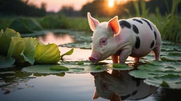 A playful piglet wades through lily pads at sunset, reflecting in the serene water. photo