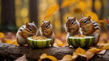 Four chipmunks eating from watermelon halves in a forest during autumn. photo