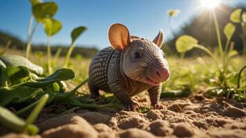 A young armadillo exploring a sunny field surrounded by greenery. photo