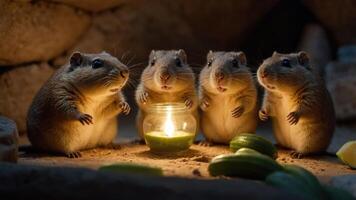 Four small animals gather around a candle with cucumbers in a cozy setting. photo