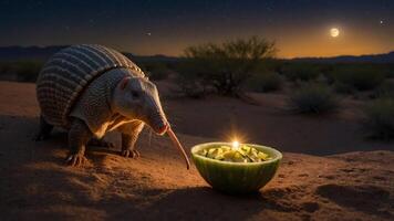 An armadillo curiously approaches a bowl of food in a desert setting under a moonlit sky. photo