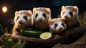 Four ferrets sitting together with a cucumber on a log in a dimly lit setting. photo