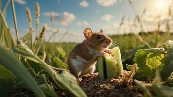 A mouse enjoys a piece of cucumber in a sunlit field surrounded by greenery. photo