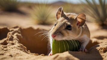 A small desert rodent resting on a cactus in a sandy landscape. photo
