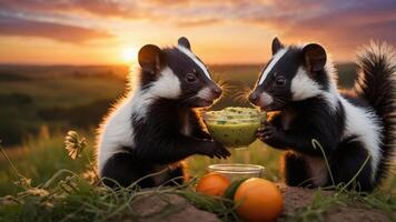 Two skunks sharing a bowl of guacamole at sunset, surrounded by nature. photo