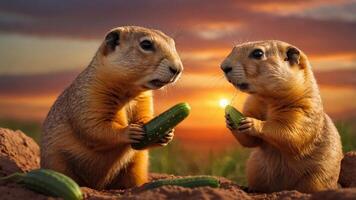 Two prairie dogs holding cucumbers at sunset in a natural setting. photo