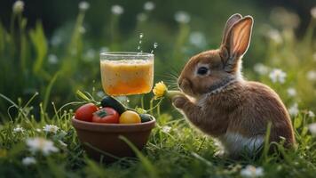 A cute rabbit beside a bowl of colorful vegetables and a glass of juice in a grassy setting. photo