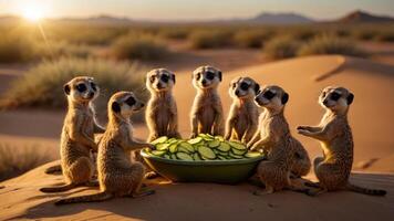 A group of meerkats gathered around a bowl of cucumber slices in a desert setting. photo