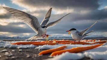 Two terns interact on a snowy surface with orange scraps, under a dramatic sky. photo
