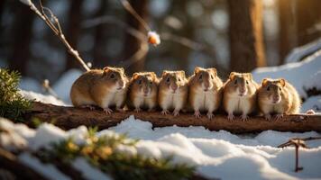 A group of small rodents sitting on a log in a snowy forest setting. photo