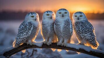Four snowy owls perched on a branch during a sunset in a snowy landscape. photo