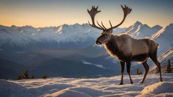 A majestic reindeer stands on snow-covered terrain with mountains in the background during sunset. photo