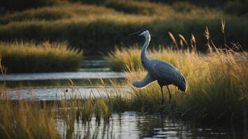 A serene scene of a crane standing by a tranquil waterway amidst tall grass. photo