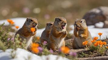 A group of squirrels enjoying flowers in a vibrant, natural setting. photo