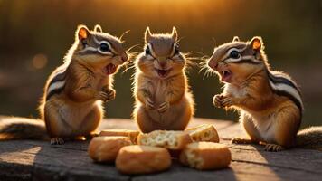 Three chipmunks joyfully interacting around food in a natural setting. photo
