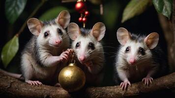 Three opossums playfully interacting with a golden ornament on a branch. photo