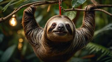 A smiling sloth hanging from a branch in a lush green environment. photo