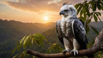 A majestic harpy eagle perched on a branch against a vibrant sunset backdrop in a lush landscape. photo