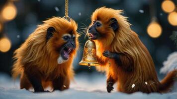 Two golden lion tamarins playfully interacting with a bell in a snowy, festive setting. photo