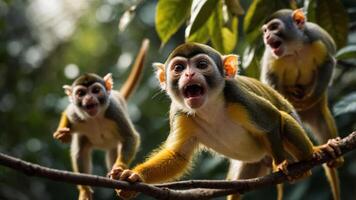 Three monkeys on a branch, expressing excitement in a lush environment. photo