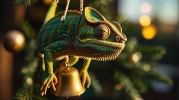 A chameleon hangs from a bell on a tree, illuminated by soft, warm light. photo