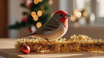 A colorful bird perched on festive decorations, creating a cheerful holiday atmosphere. photo