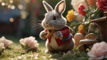 A cute rabbit in a red jacket stands among flowers and Easter eggs in a whimsical setting. photo