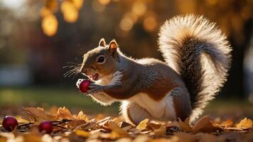 A squirrel holding a small red object amidst autumn leaves in a warm, golden setting. photo