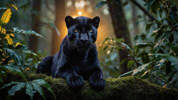 A black panther resting on moss in a forest, illuminated by soft sunlight. photo