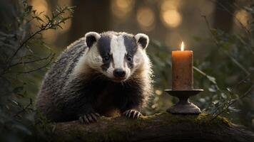 A badger sits on a log beside a candle, surrounded by a forest setting. photo