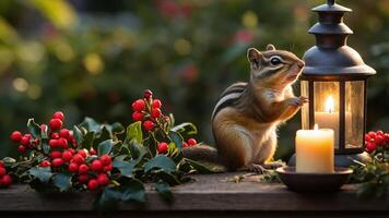 A chipmunk near a lantern surrounded by red berries and greenery, creating a cozy atmosphere. photo