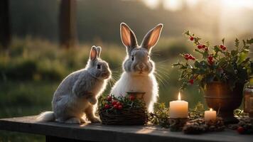 Two rabbits beside a nest and candles in a serene outdoor setting. photo
