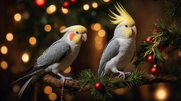 Two cockatiels perched on a branch with festive decorations and a warm, bokeh background. photo
