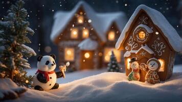 A whimsical winter scene featuring a panda, gingerbread house, and snow-covered landscape. photo