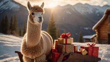 A llama beside a sled filled with colorful gifts in a snowy mountain landscape. photo