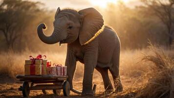 An elephant pulling a cart with wrapped gifts in a sunlit, natural setting. photo