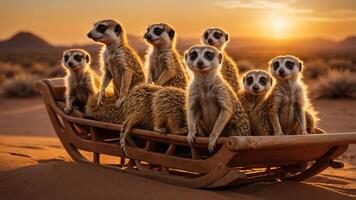 A group of meerkats sitting in a wooden sled during sunset in a desert setting. photo