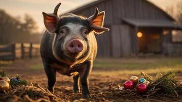 A pig stands in a farm setting with Christmas decorations in the foreground. photo