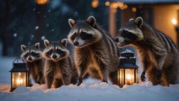 A group of raccoons exploring a snowy landscape with lanterns glowing in the evening. photo
