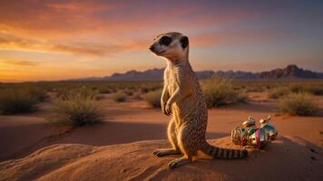 A meerkat stands on a desert landscape at sunset, with colorful ornaments nearby. photo