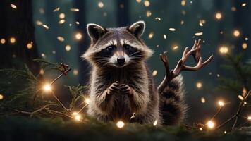 A charming raccoon surrounded by glowing lights in a forest setting. photo