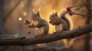 Two squirrels on a branch, holding festive decorations against a warm, glowing background. photo