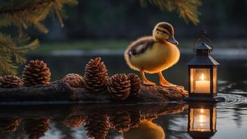 A duckling stands beside a lantern on a log, surrounded by pine cones and calm water. photo