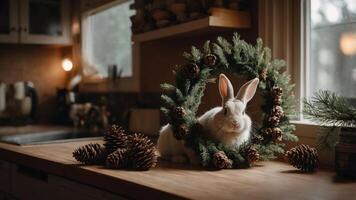 A rabbit sits in a pine wreath on a kitchen counter, surrounded by pinecones. photo